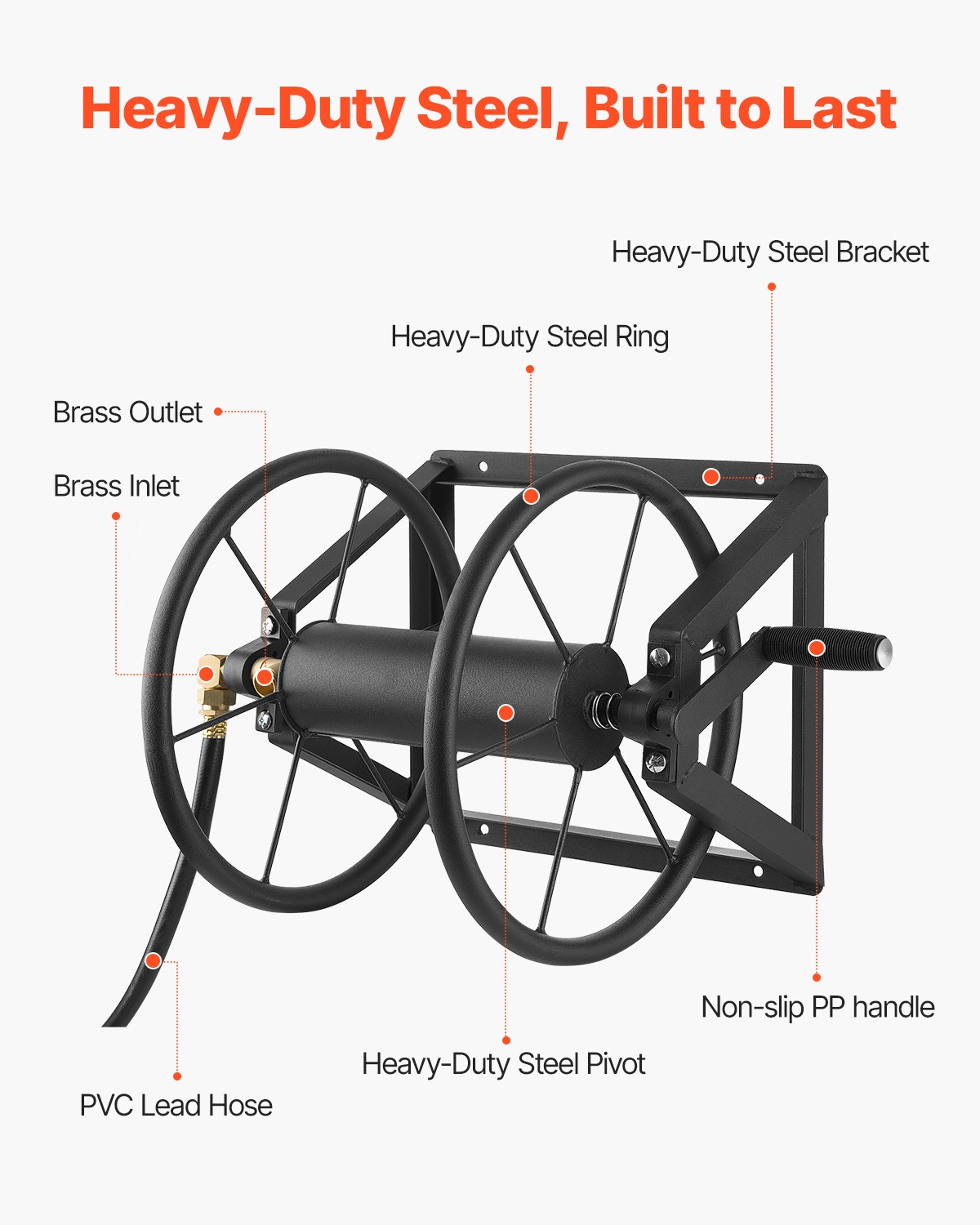 Wall Mounted Garden Hose Reel 200ft 5/8 in Manual Hose Winder Brass Fitting