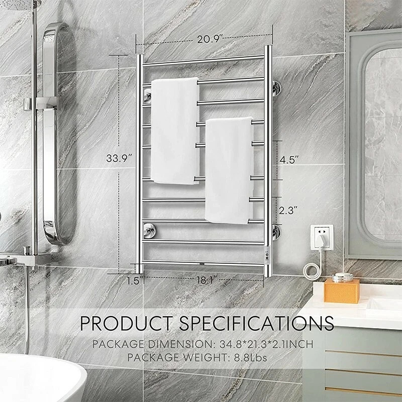 Electric Heated rack towel Warmer 10 Stainless Steel Bars Drying Bathroom silver