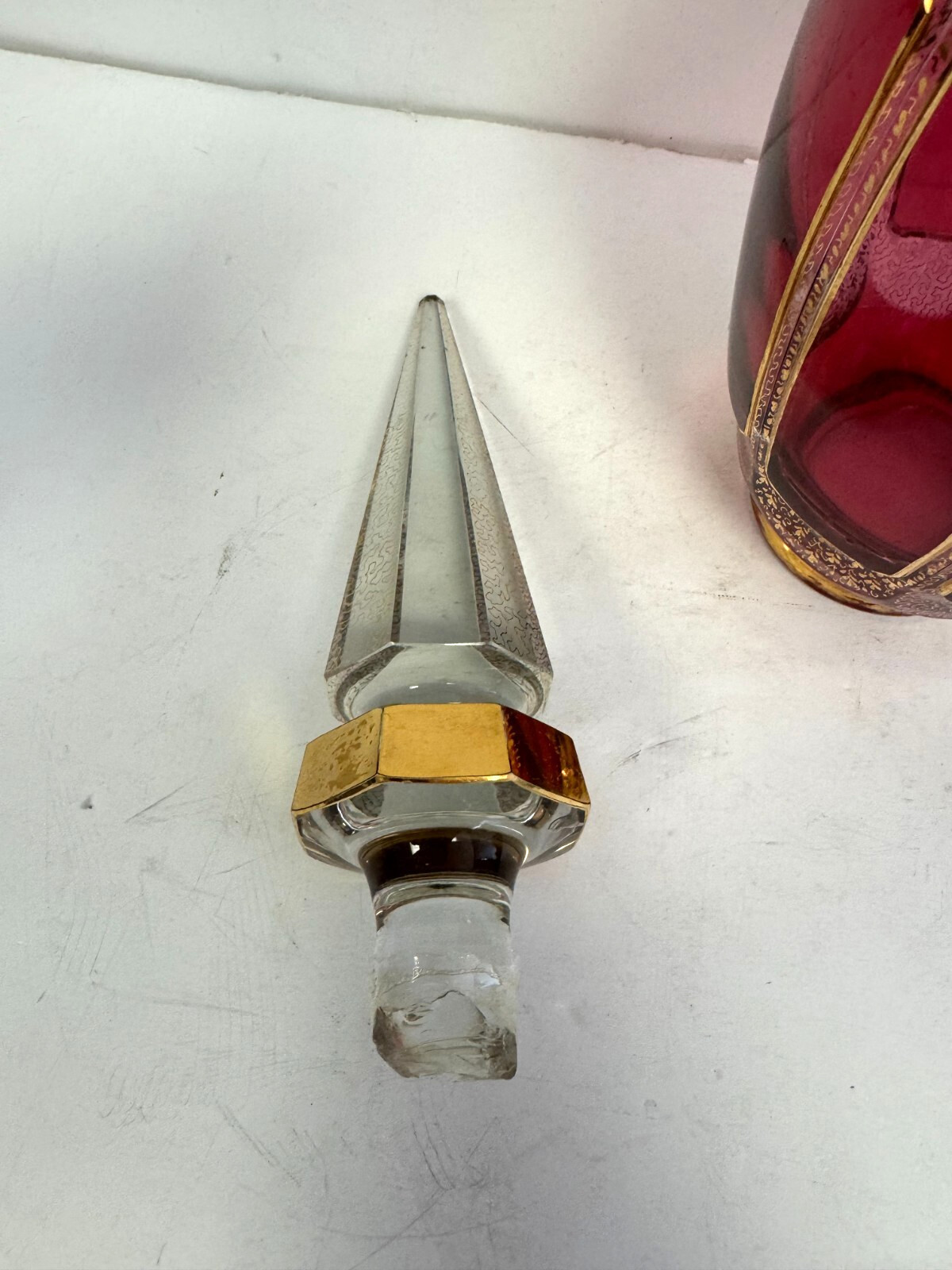 Vintage Bohemian Cranberry Crystal Decanter 18.25" H w/Gold Accents Moser?