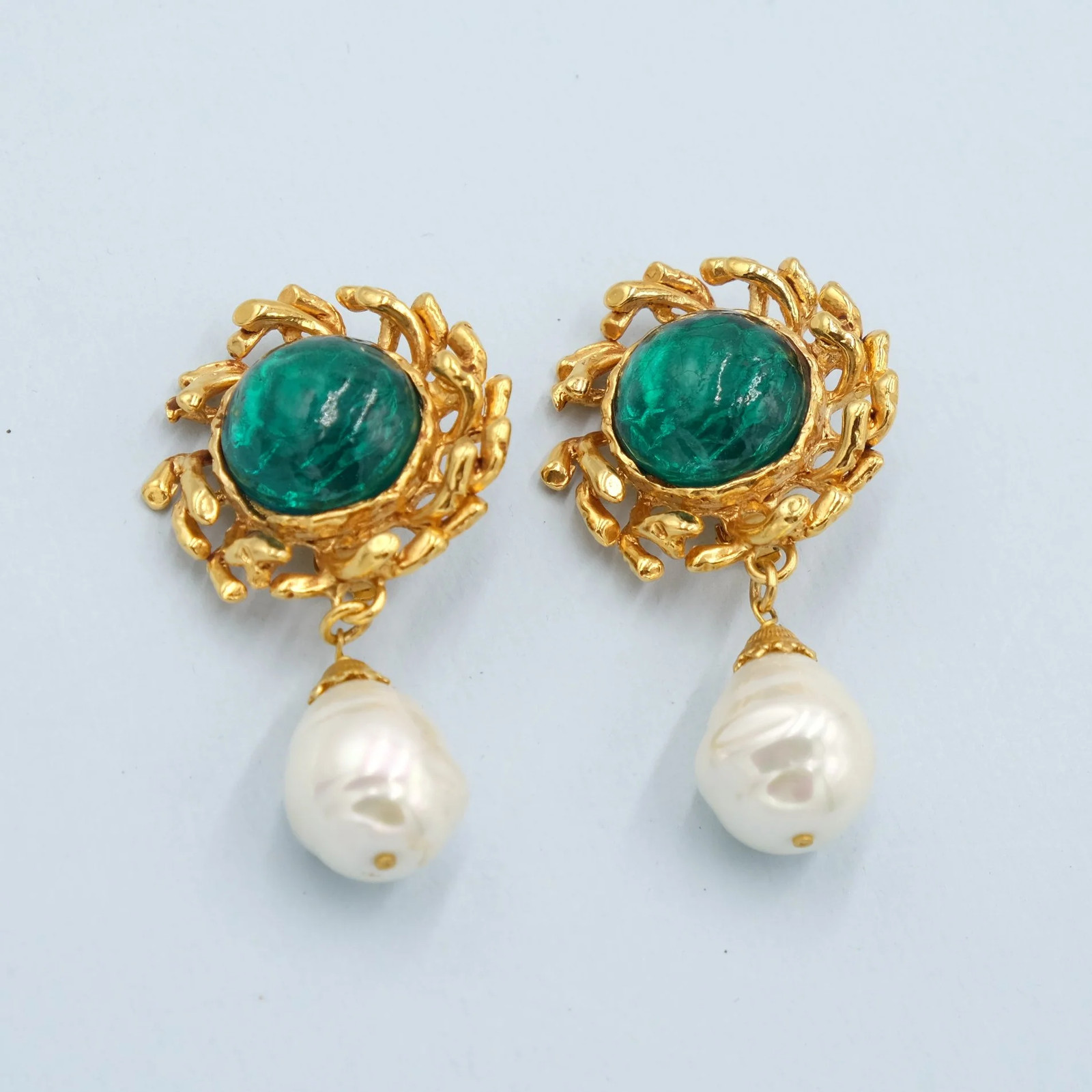 Vintage Philippe Ferrandis Earrings with Green Glass and Pearl Drop