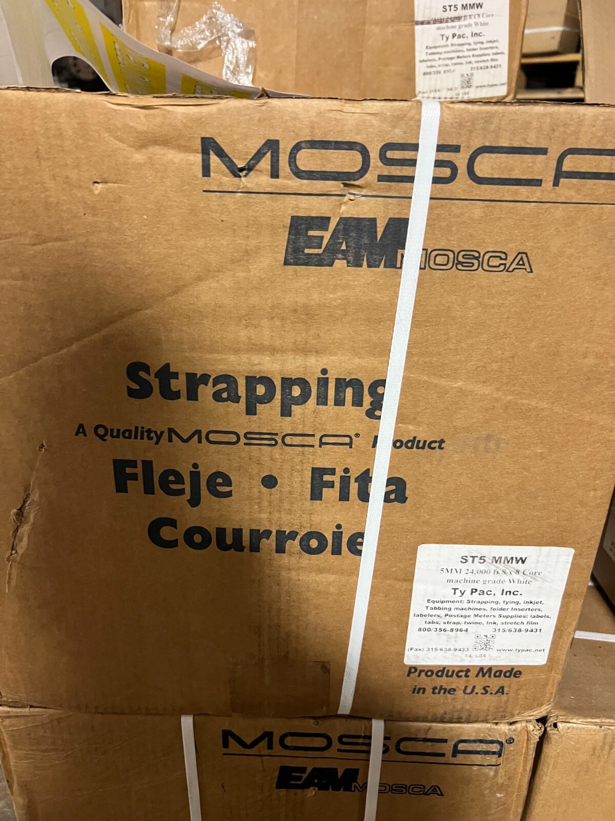 👀 2) NEW EAM MOSCA 5MM 24,000' 8x8 CORE MACHINE GRADE WHITE STRAPPING ST5 MMW
