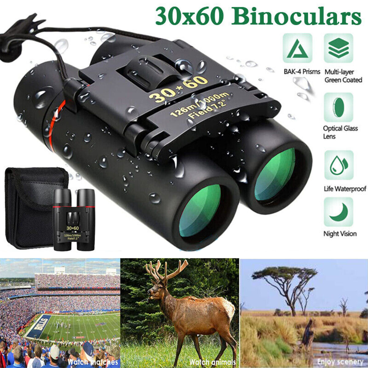 Mini Binoculars Telescope 30X60 Zoom Day Night Vision Foldable Travel Hunting US