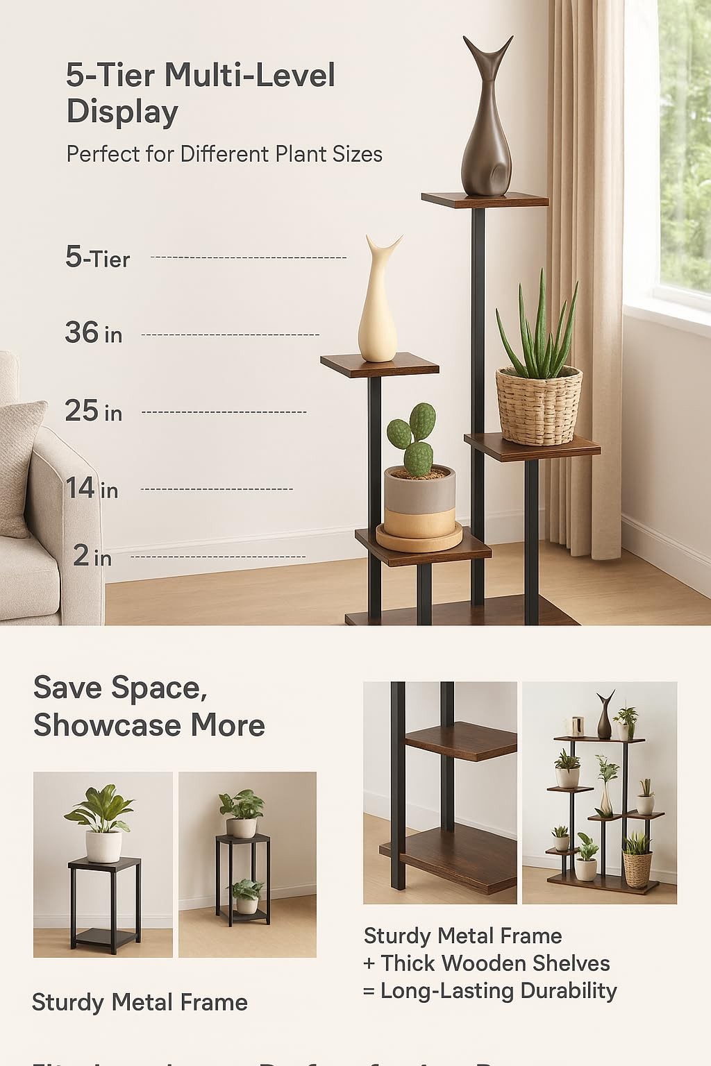 Aopark 4 Tier Plant Stand for Indoor Plants, Modern Flower Shelf Dark brown