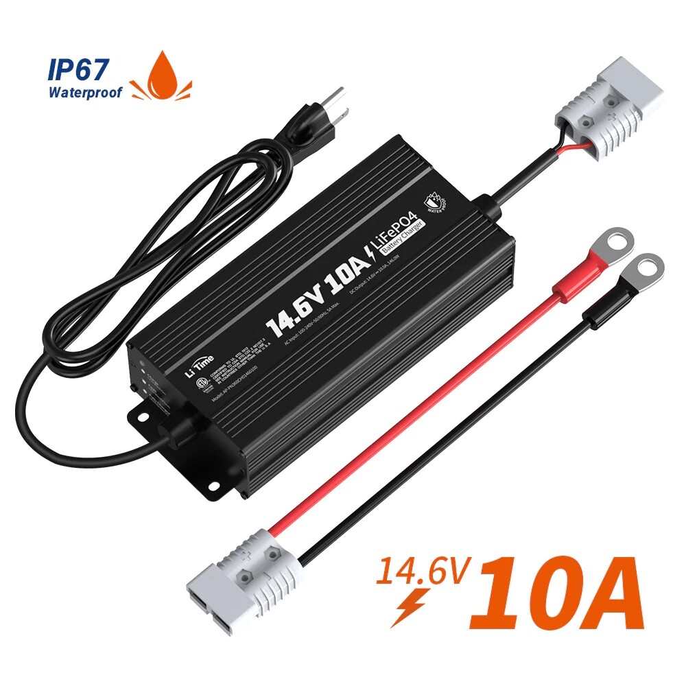 LiTime IP67 Waterproof 14.6V 10A LiFePO4 Onboard Charger for Outdoor Marine Use