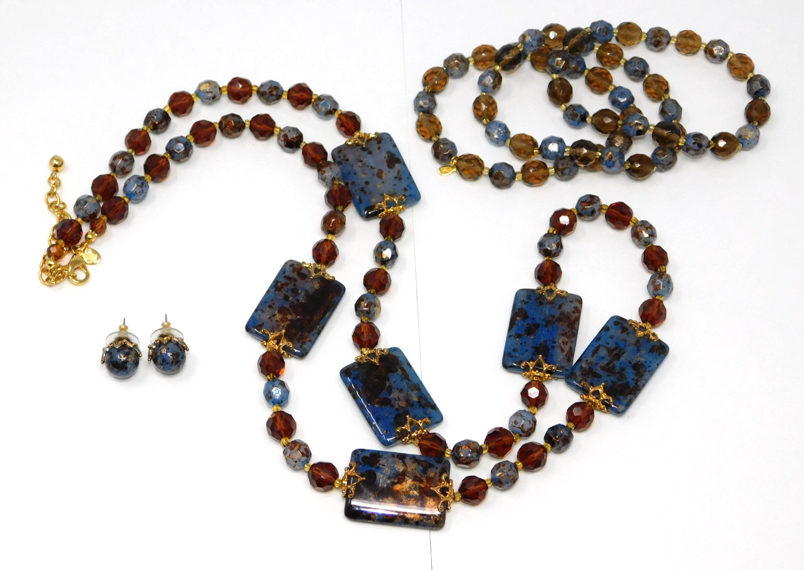Vintage JOAN RIVERS Faux Lapis & Amber Glass Necklace Bracelet Earrings Set
