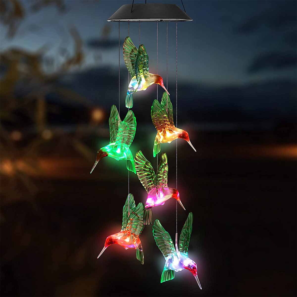Hummingbird Wind Chime Color-Changing Solar Powered LED Lights Yard Garden Decor