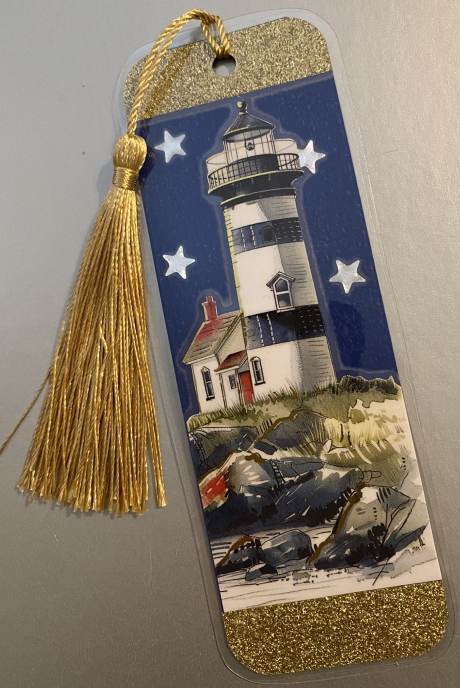 Lighthouse and Star Bookmark with Tassel - Laminated with Glitter Borders 6x2"