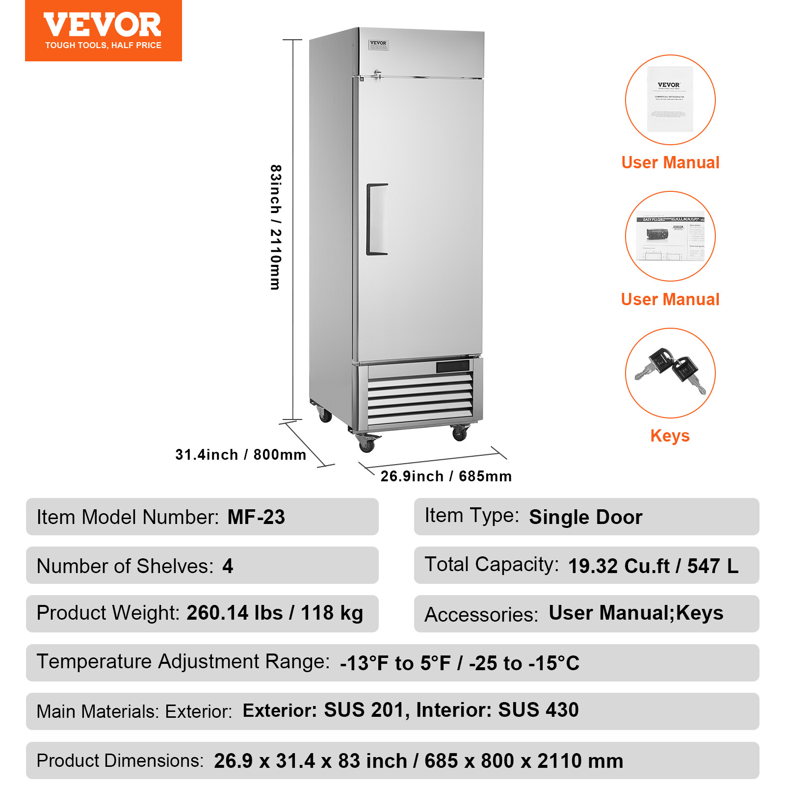 VEVOR Commercial Freezer 19.32 Cu.ft Reach In Upright Freezer 1 Door 4 Shelves