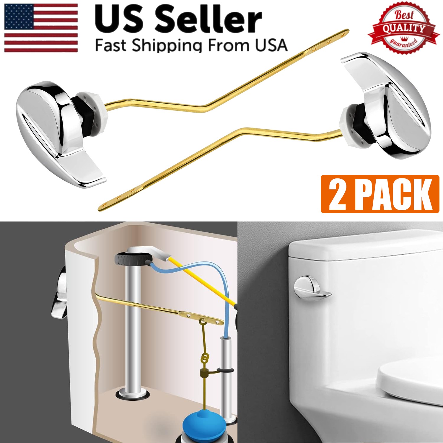 2x Universal Metal Side Mount Toilet Handle Replacement Kit, Brass Toilet Flush