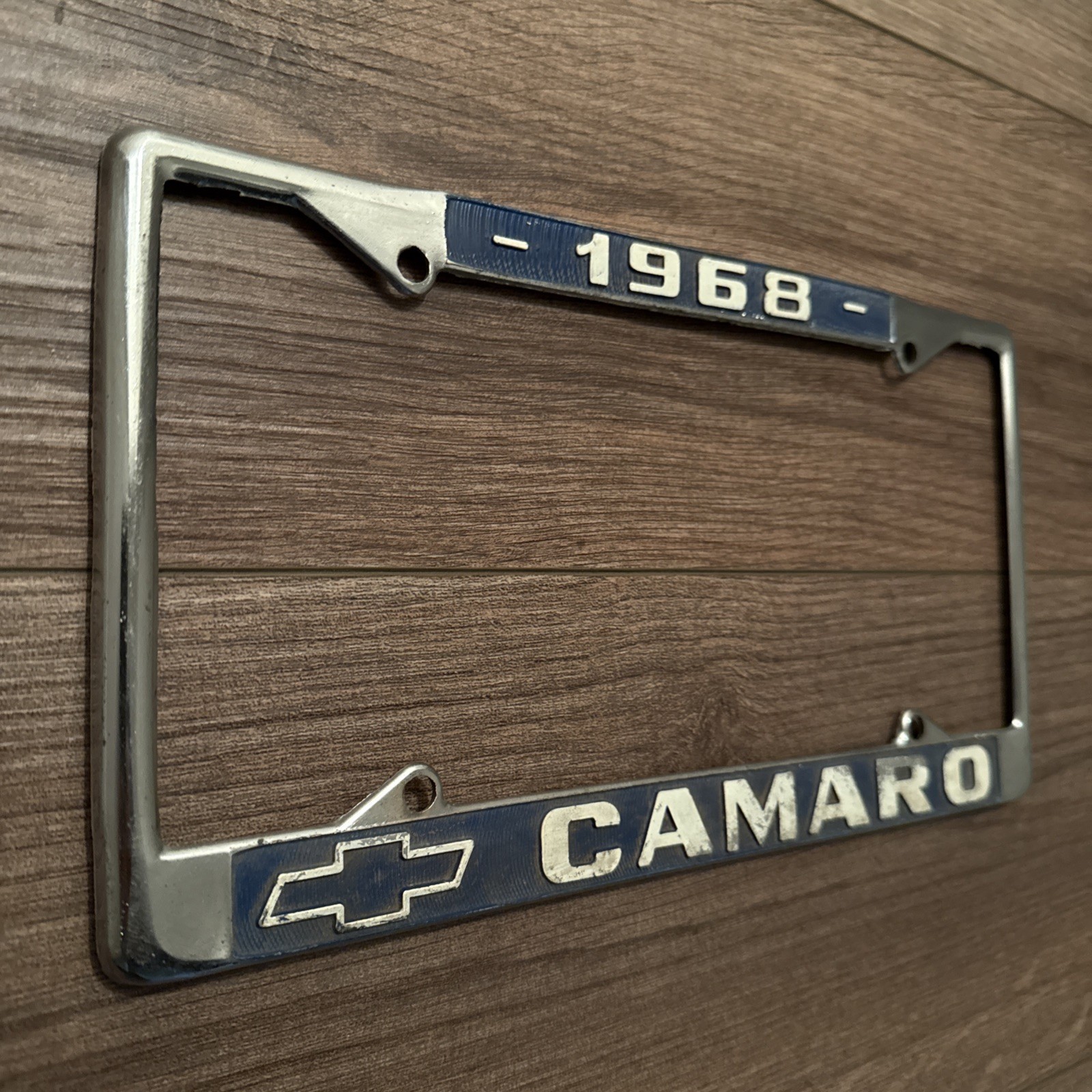 Vintage 1968 Chevrolet Camaro License Plate Frame Chevy Chrome And Blue