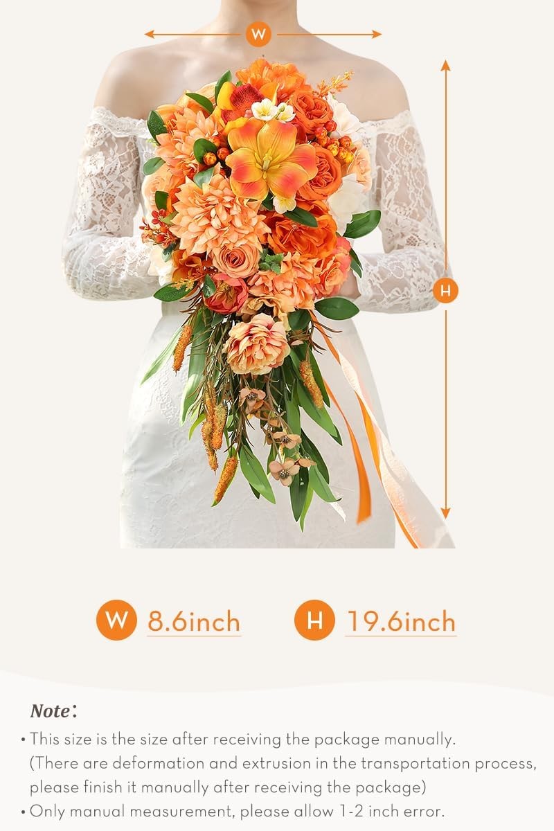 11 Inch Wedding Bouquets Bride Bridesmaid,Fall Cascading Orange Bridal Bouquets