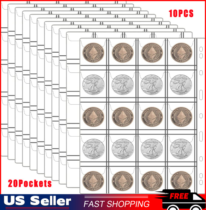 10 Sheets Coin Collection PagesCoin Binder Inserts Sleeves with  9 Hole for