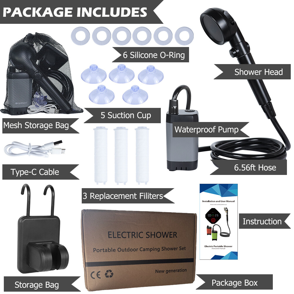 Portable Camping Shower 6000mAh Rechargeable Outdoor Camp Pump for Hiking Travel