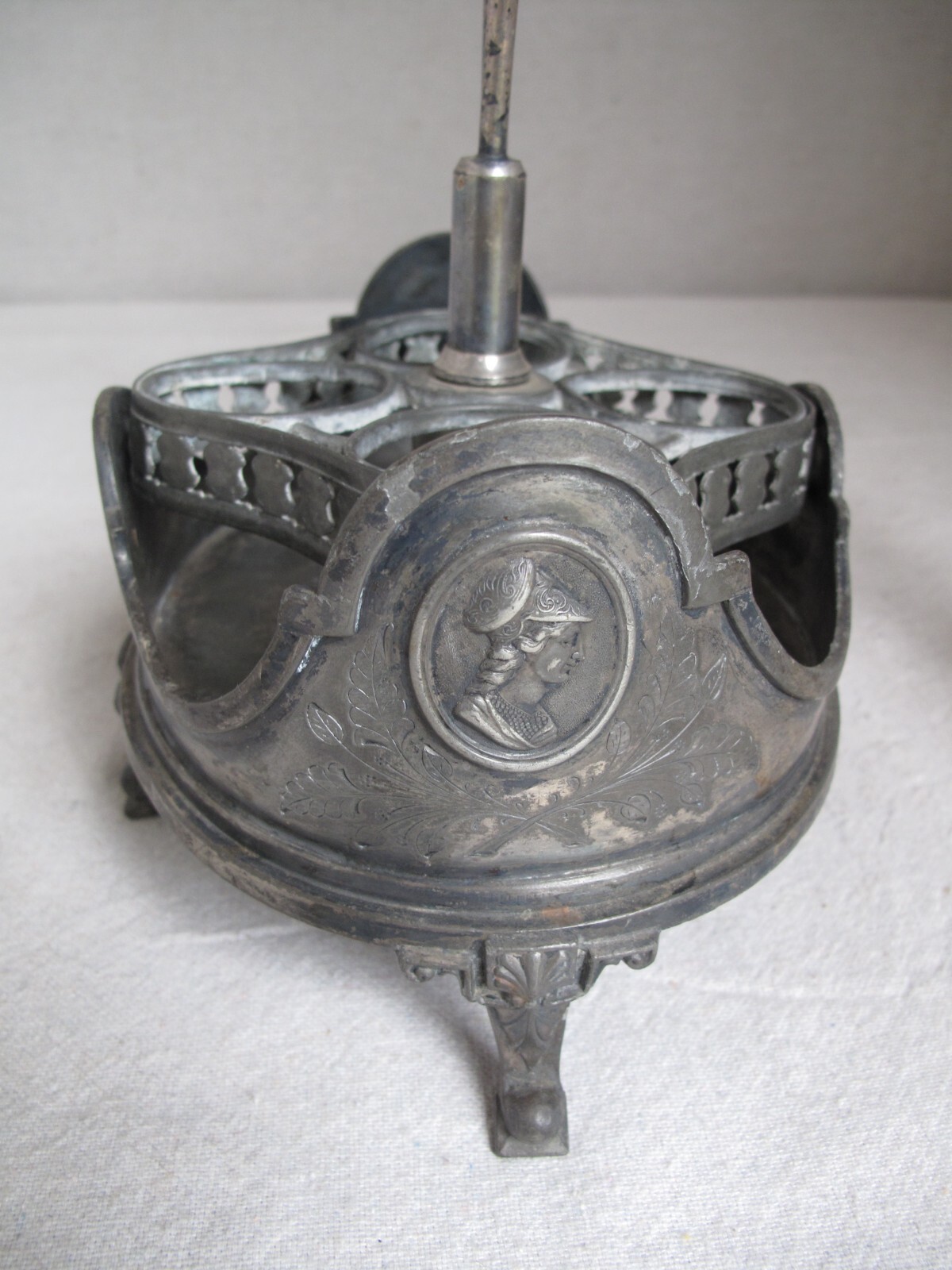 Antique SP Reed & Barton Cruet Castor Set Bell 4 Cut Glass Etched Bottles