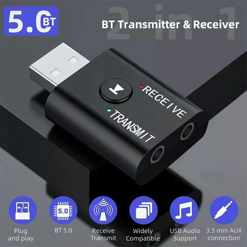 Bluetooth 5.0 2in1 Transmitter Receiver Car Wireless Audio Adapter USB 3.5mm Aux
