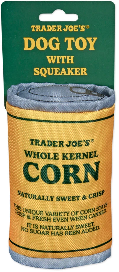 Trader Joe's Can of Corn DOG TOY with Squeaker Soft Pet Plush * NEW *