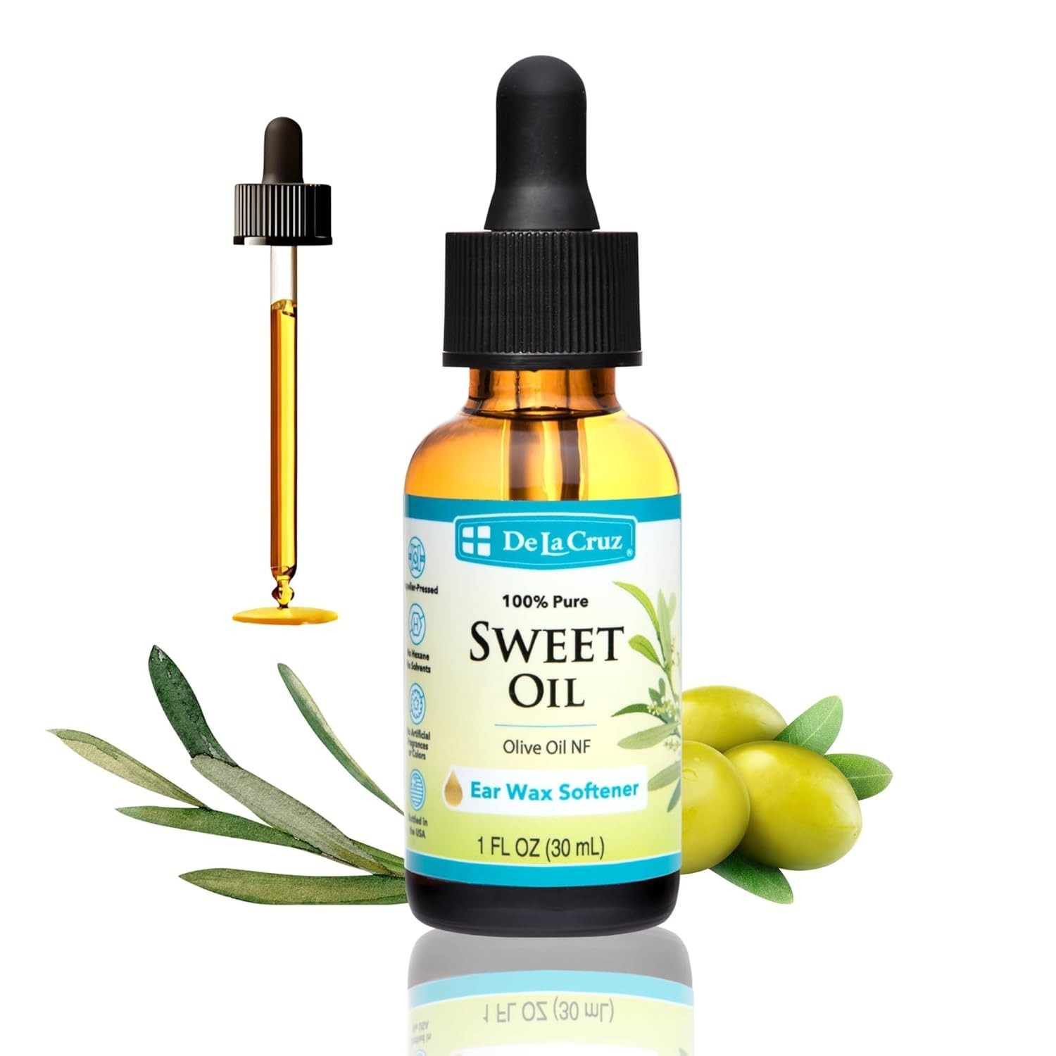 De La Cruz 100% Pure Sweet Oil, For Softening Ear Wax, Bottled in USA, 1 FL. OZ.