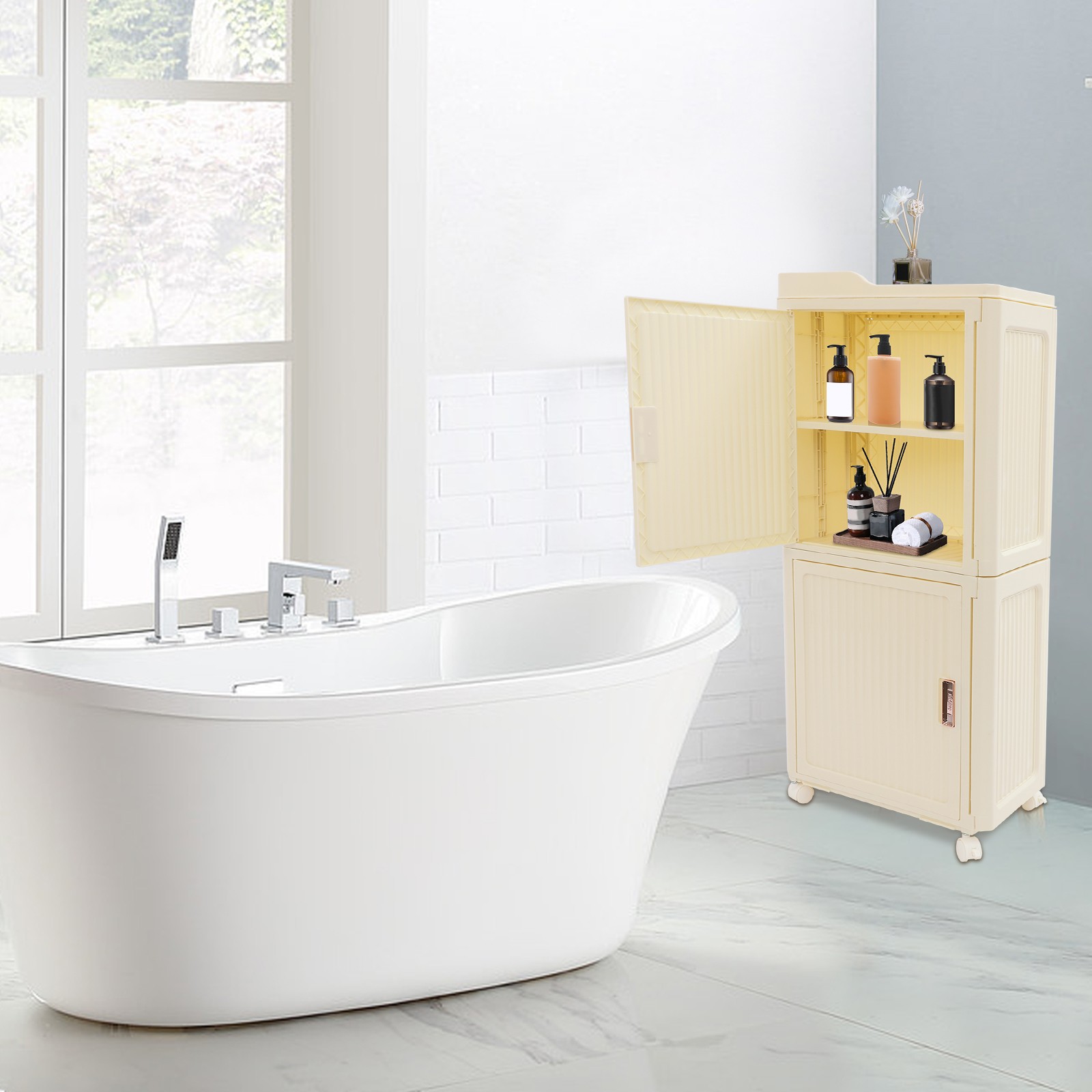 Narrow Slim Storage Cabinet, Storage Cabinet with Lockable Wheels PP 37*22*83cm