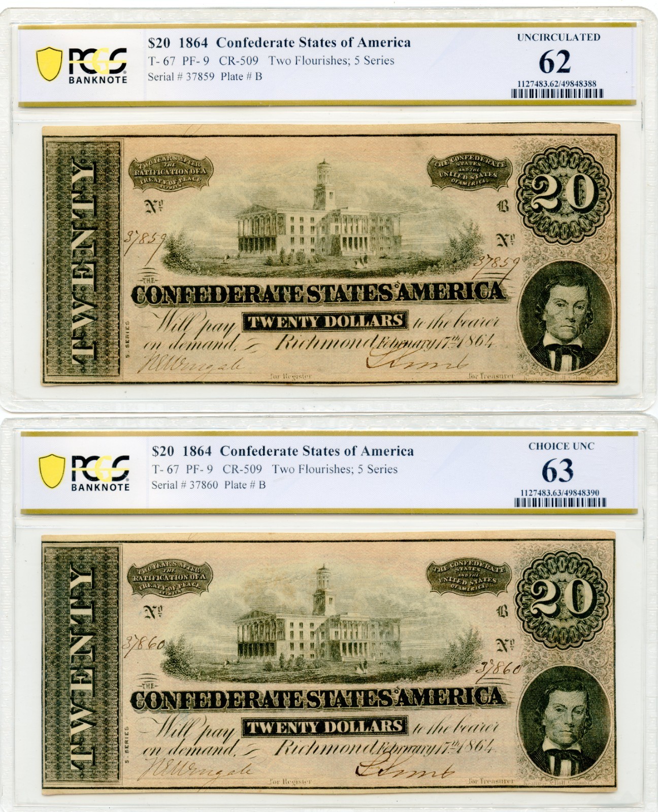 1864 $20 Confederate States of America T-67 w/ Consecutive Serial PCGS AU55-64