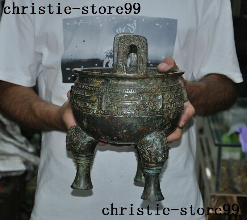 Old Chinese Bronze Ware Dynasty beast face Word 3 leg Incense Burner Censer