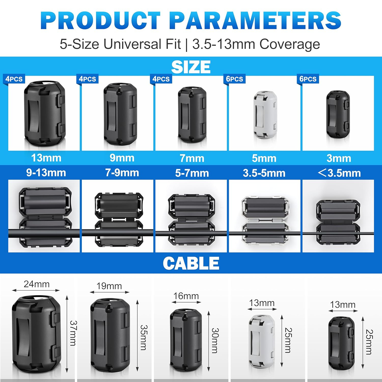 24Pcs Professional Ferrite Beads, Snap-On Ferrite Choke Core Kit for Usb/Audio/P