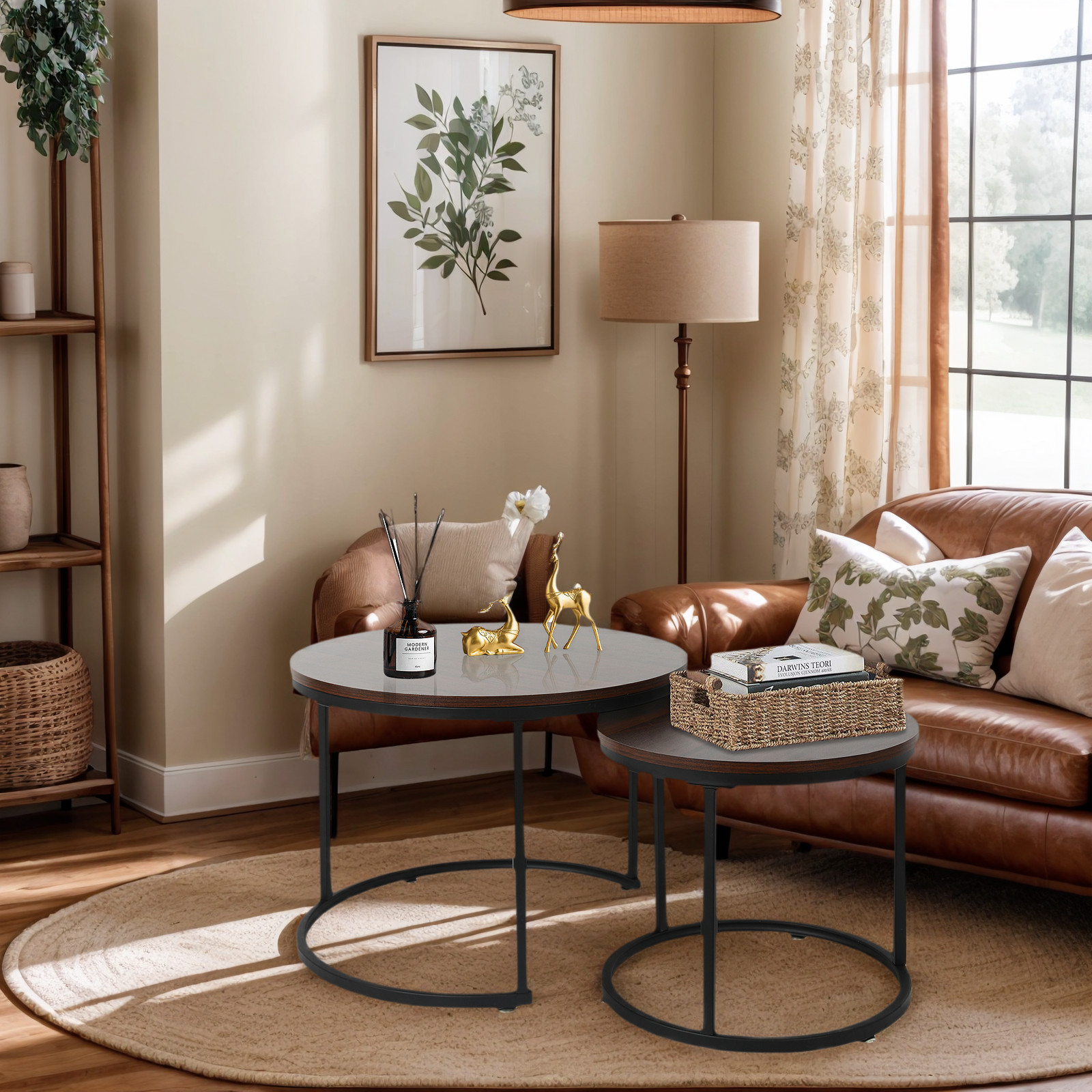 Nesting Coffee Table Set Round Side End Tables w/ Metal Legs Living Room Modern