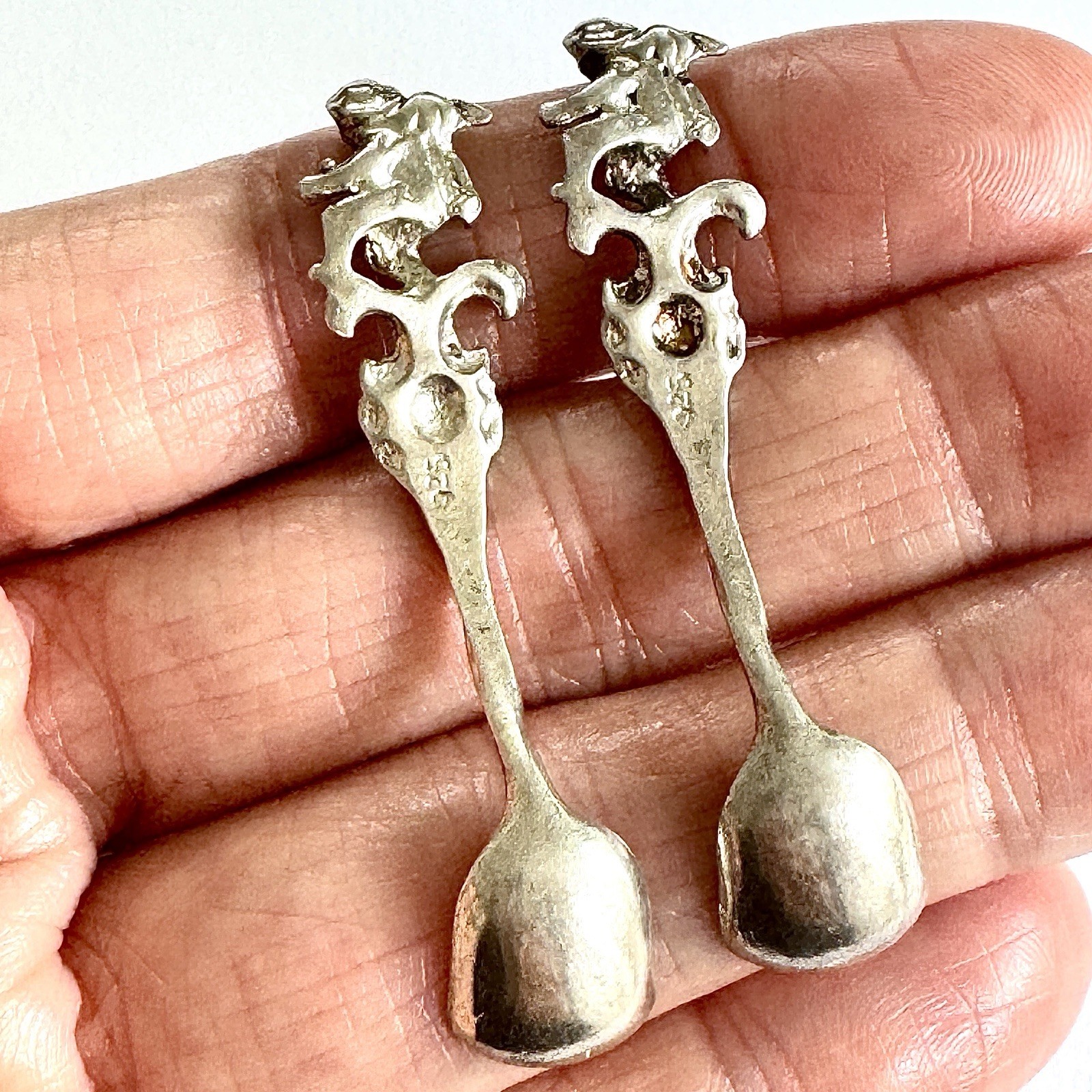 Pair 925 Sterling Salt Spoons Cherub Antique Angel Putti Snuff 7.4g Set of Two