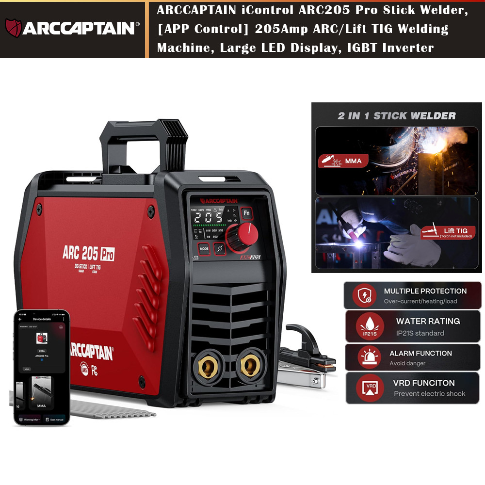 ARCCAPTAIN iControl ARC205 Pro, 205A APP-Controlled Stick/TIG Welder, 120V/240V