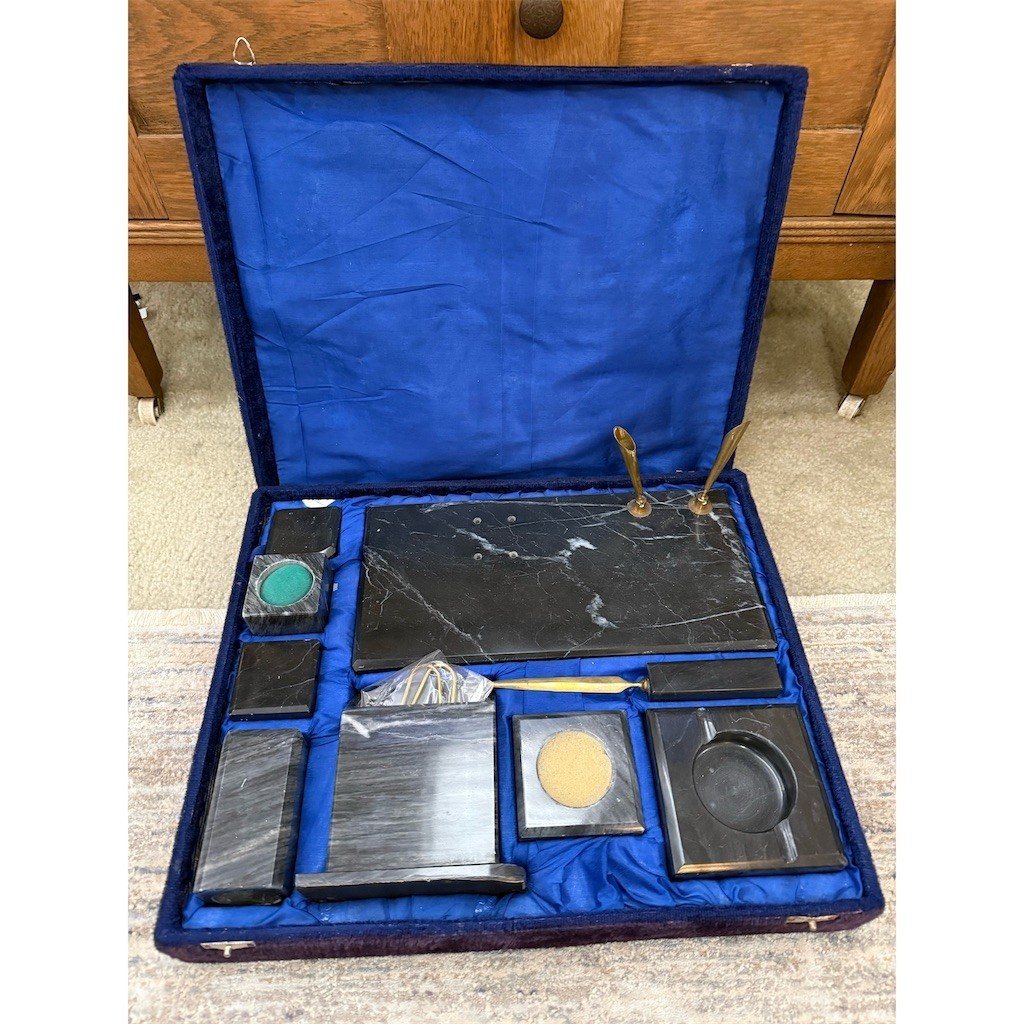 Vintage Marble Desk Set Dual Pen Holders Blotter Inkwell Blue Case