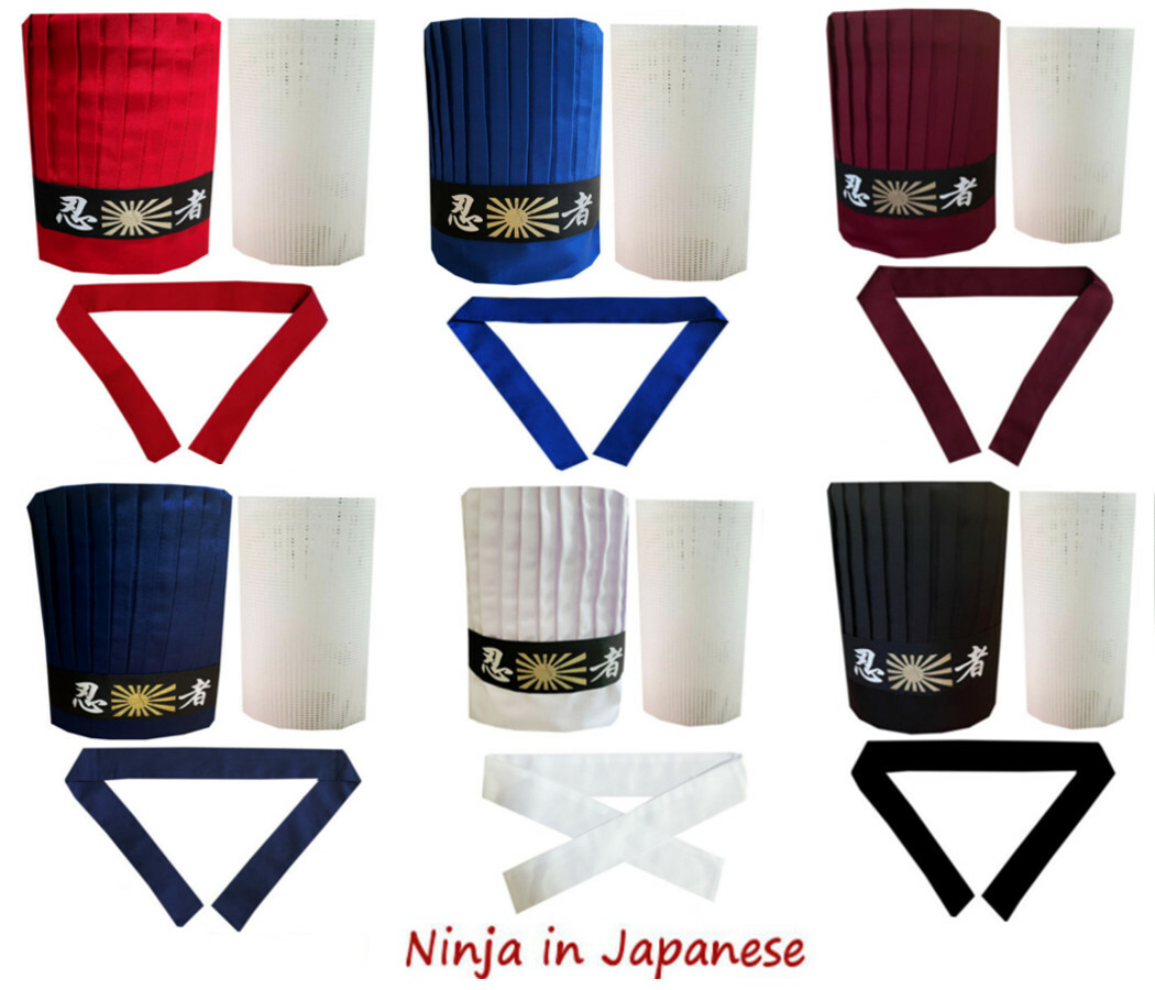 Hibachi chef tall hat set, hibachi chef hat set, Ninja headband, necktie, net