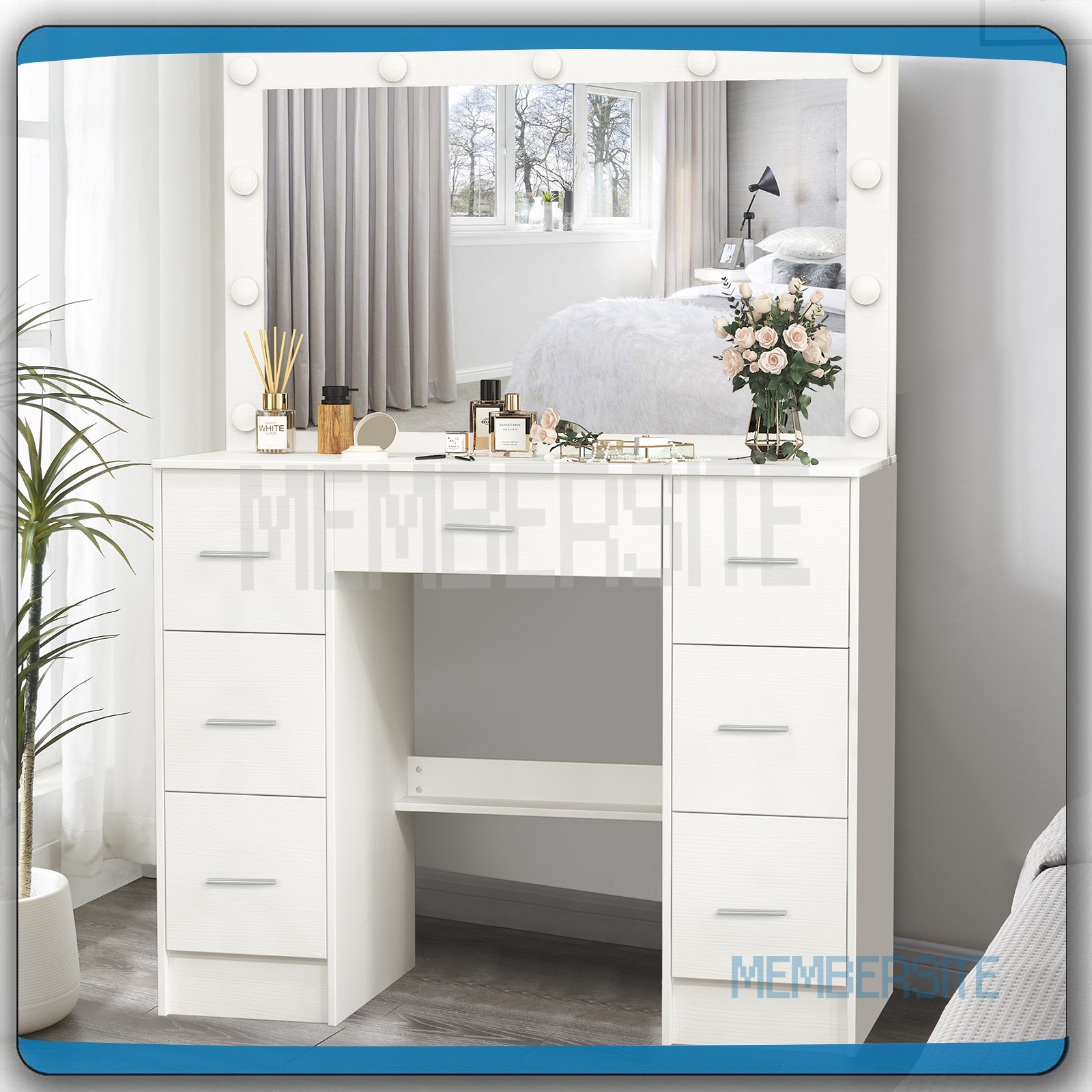 NEW Vanity Desk Makeup Table With Large LED Mirror And 7 Drawers Dressing Desk