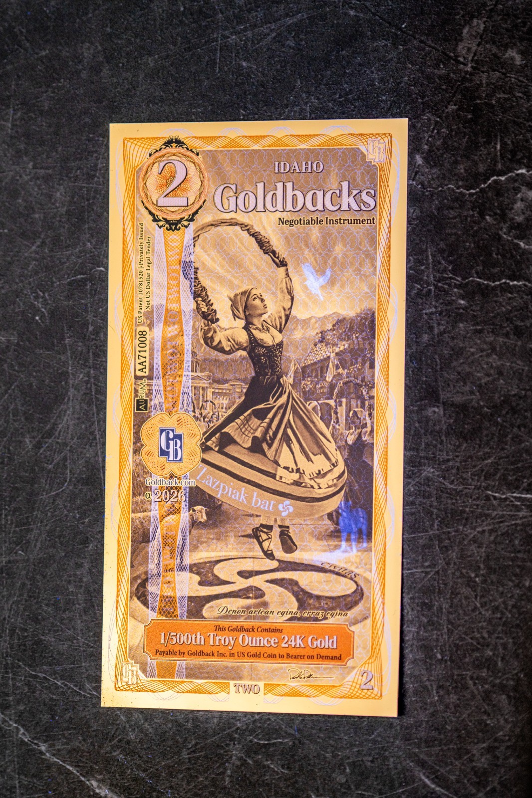 2026 - 2 IDAHO Goldback Aurum Gold Foil Note 1/500 oz 24kt .999 Fine PRESALE
