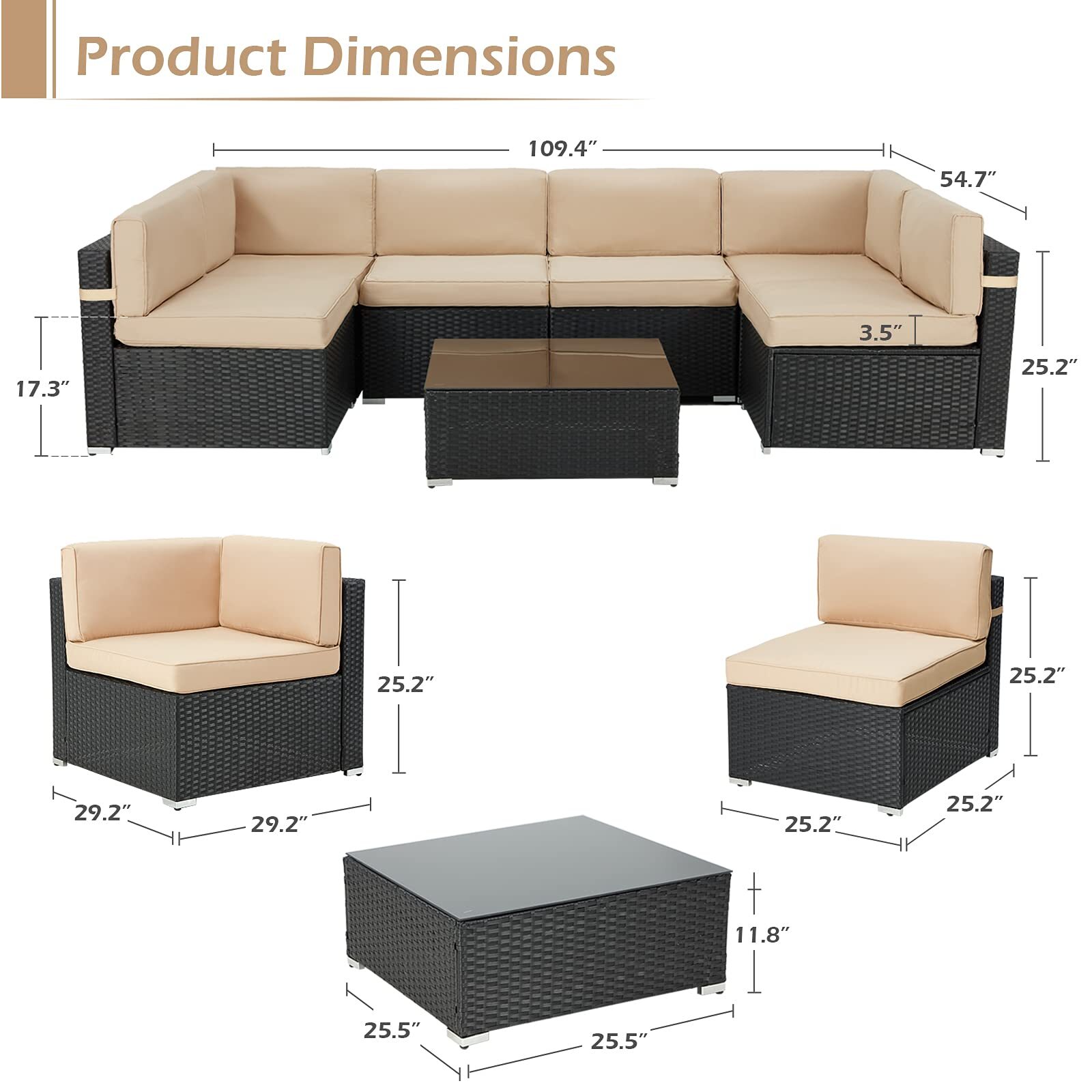 7 Pieces Patio Sofa Set PE Rattan Outdoor Furniture Sectional Conversation Sofas