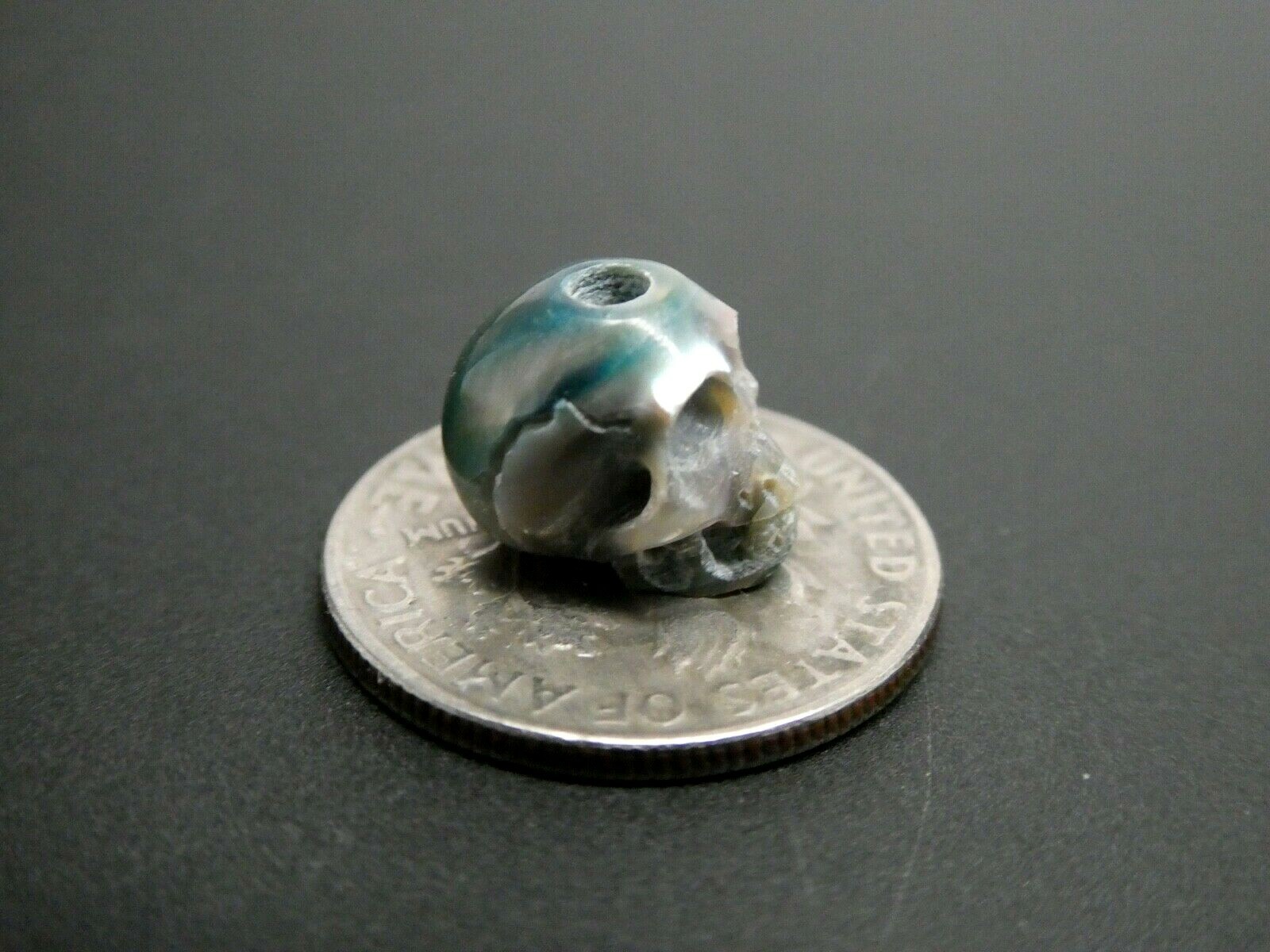 Skull Bead Rare Intricate Detail Hand Carved Blue Genuine Pearl Large Hole Bead