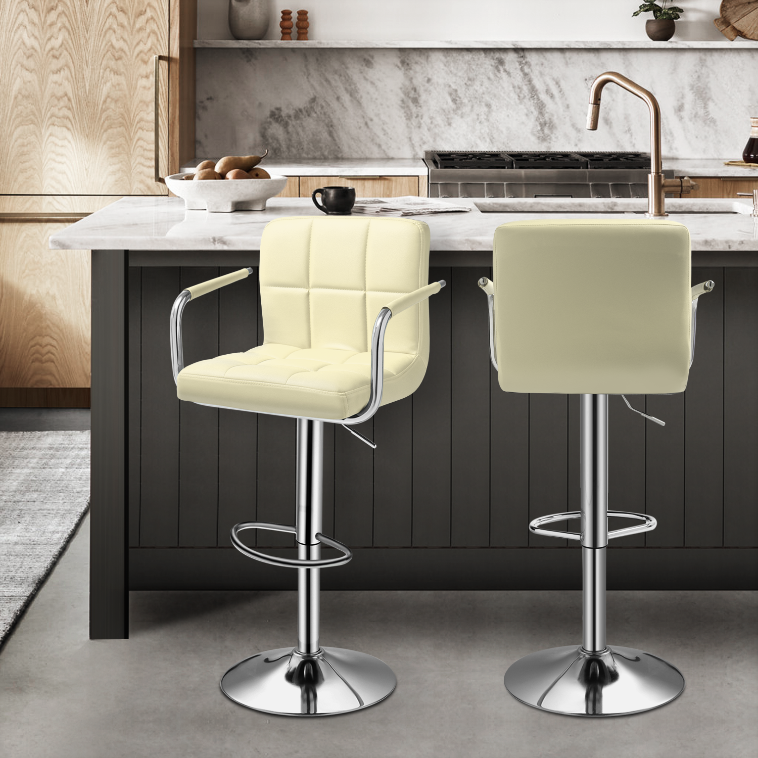 Set of 2 Bar Stools Swivel Adjustable Leather Seat Modern Counter Height Chairs