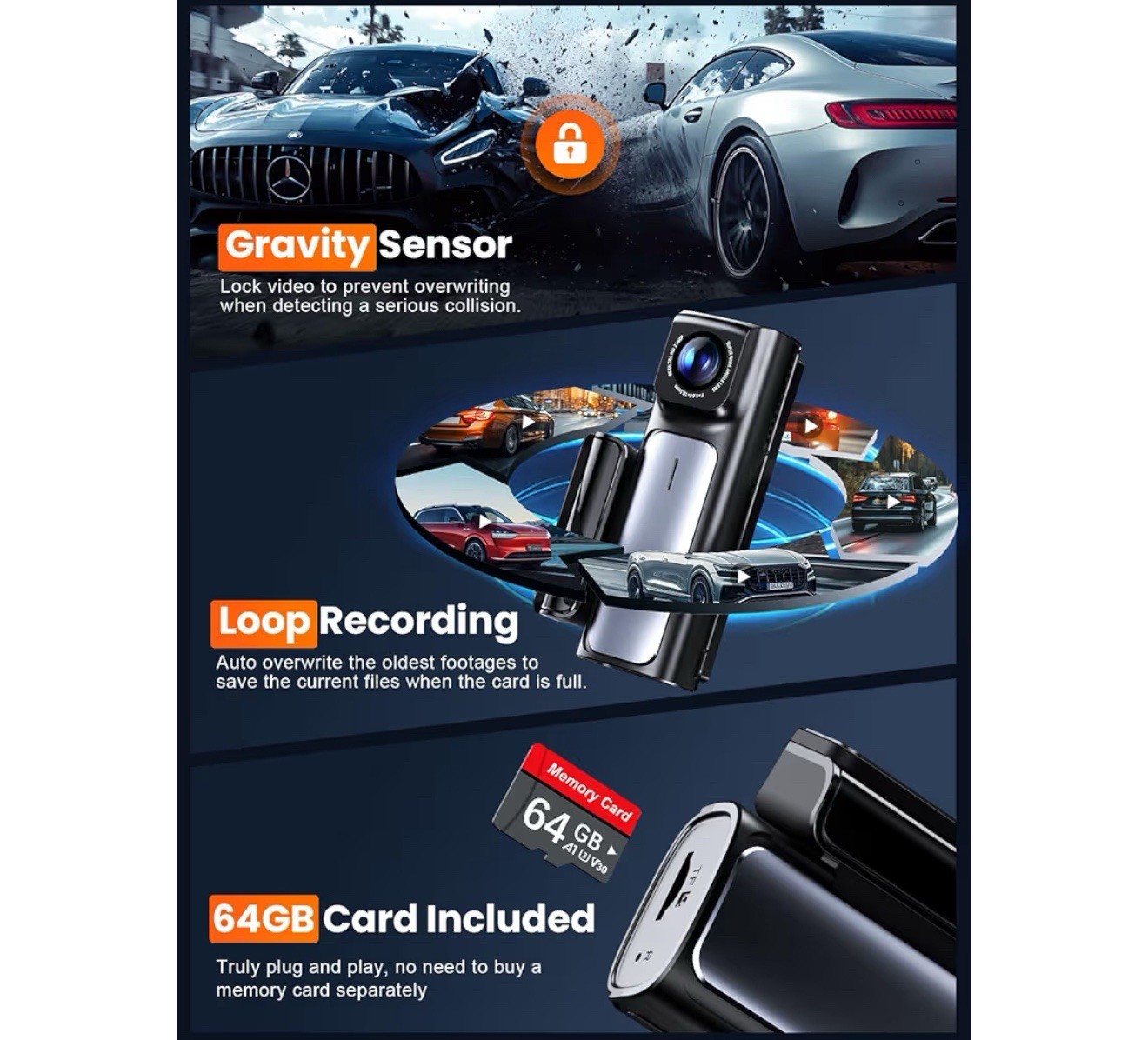 Affver 4K Dash Cam Front and Rear, Built-In 5G Wifi GPS, 64GB Card Included