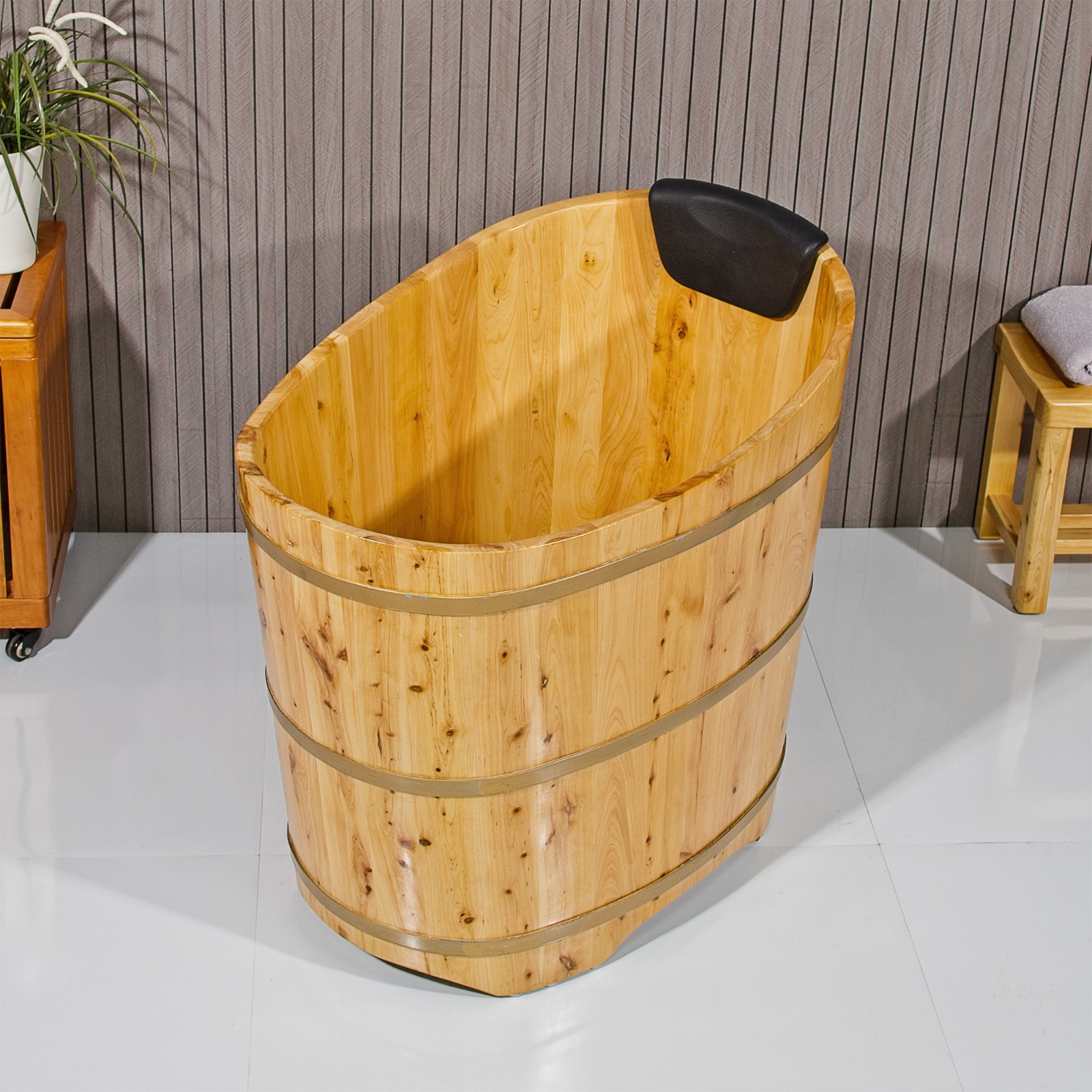 JRYTIN 34” Japanese Soaking Tub, Mobile Freestanding Wood Bath for Small Spaces
