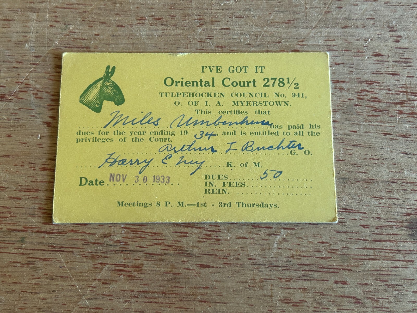 Order Independent Americans Member ID Card 1933 Myerstown Tulpehocken Council