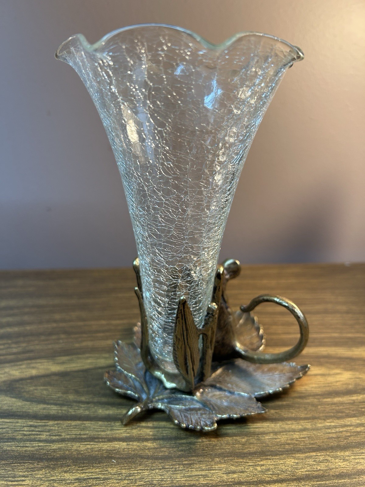 Vintage GATCO Solid Brass Mouse Bud Vase with Crackle Glass Insert