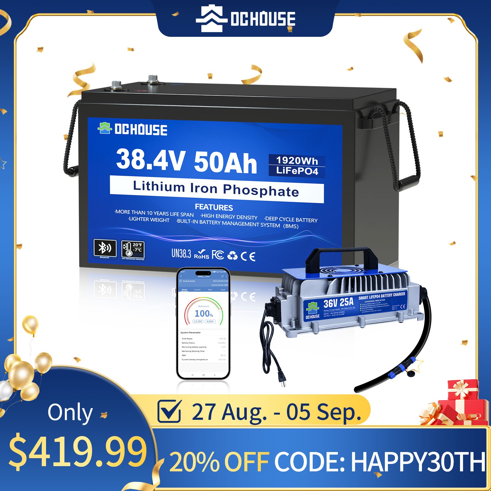 36V 50AH Lithium Golf Carts Lifepo4 Battery with 36V 25A Charger Bluetooth RVs