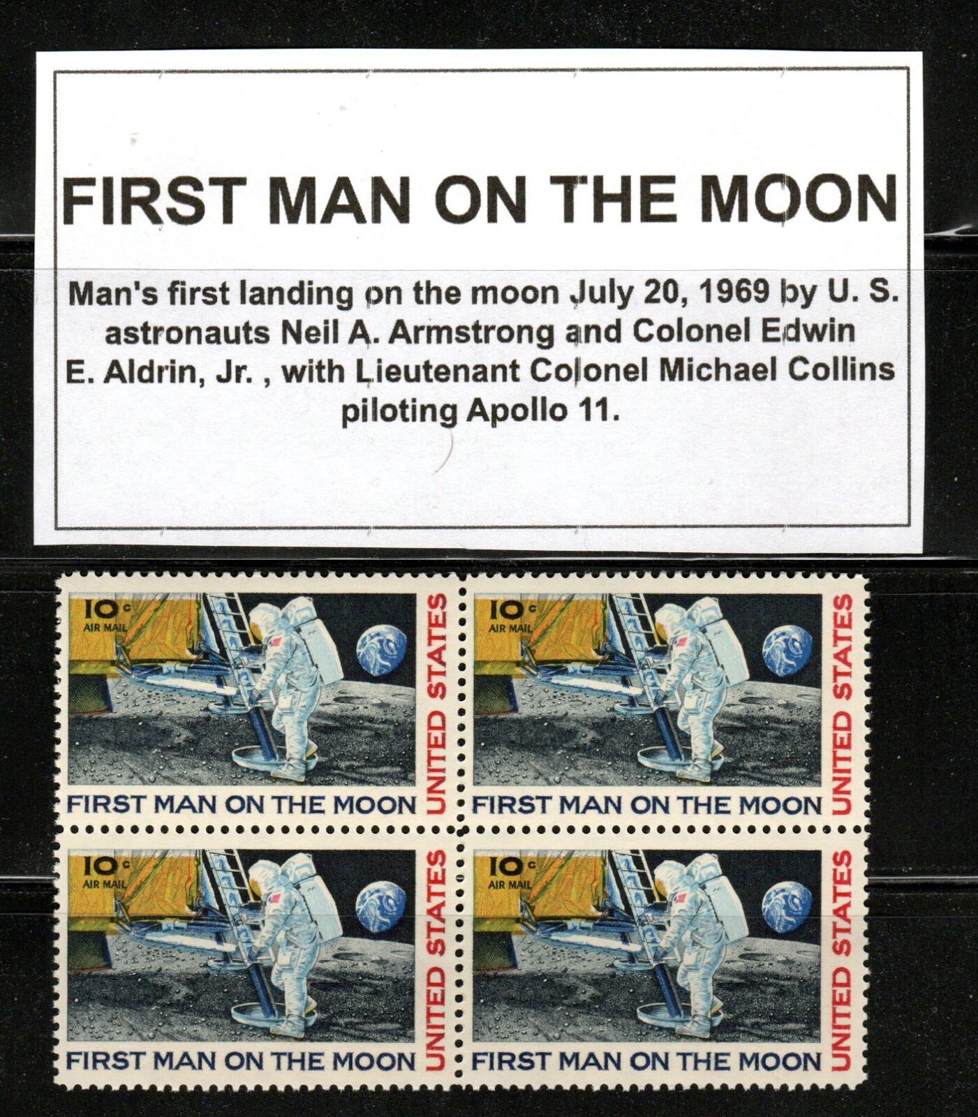 FIRST MAN ON THE MOON ** 1969 APOLLO 11 * Vintage U.S. Postage Stamps Block MNH