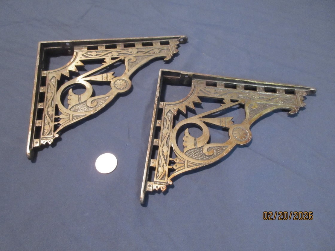 2 Antique Victorian Shelf Brackets Iron w/bronze wash.   6.75" x 8.25" 1890's