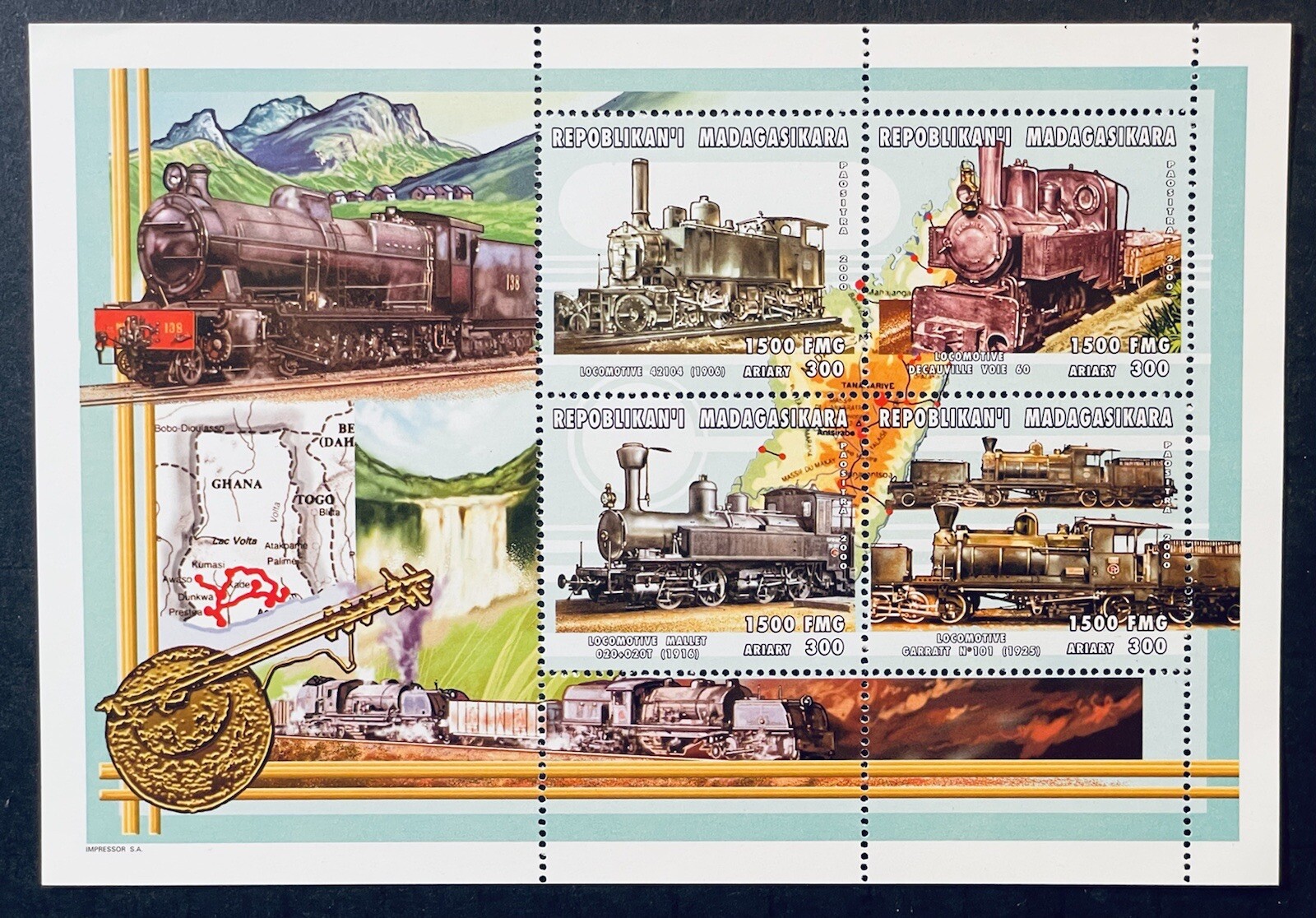 MADAGASCAR TRAINS STAMPS SHEET MNH 2000 RAILROAD STEAM LOCOMOTIVE RAILWAYS #1514