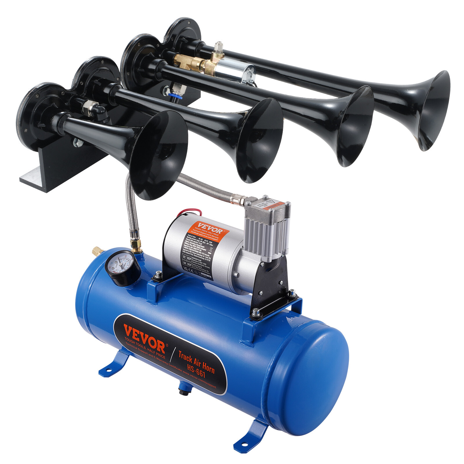 VEVOR Train Horns Kit 4 Trumpet Air Horn Kit 120 psi Air Compressor 1.6 Gal Tank