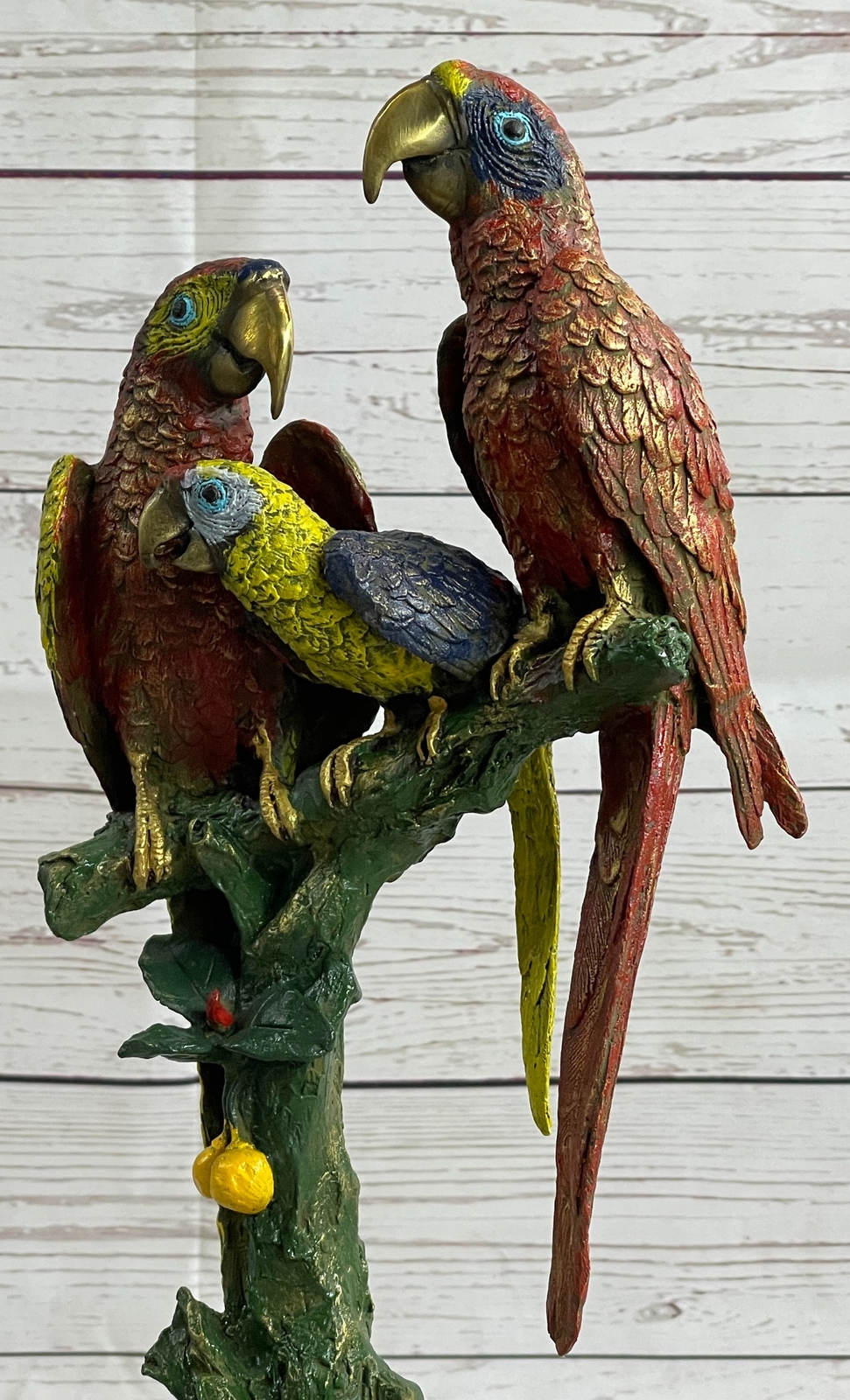 Three Macaw Parrots on a Branch Bronze Metal Statue Sculpture Colorful Decor Art