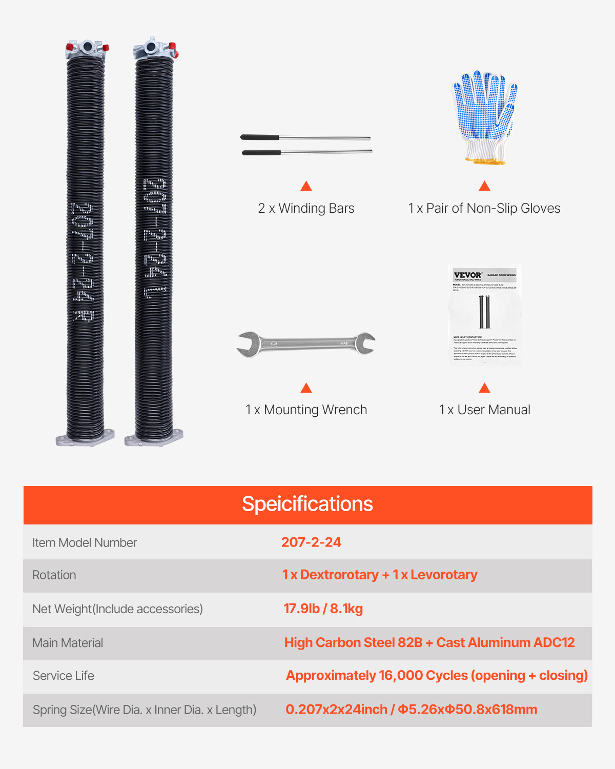 Garage Door Torsion Springs Pair of 0.207 x 2 x 24 inch with Winding Bars