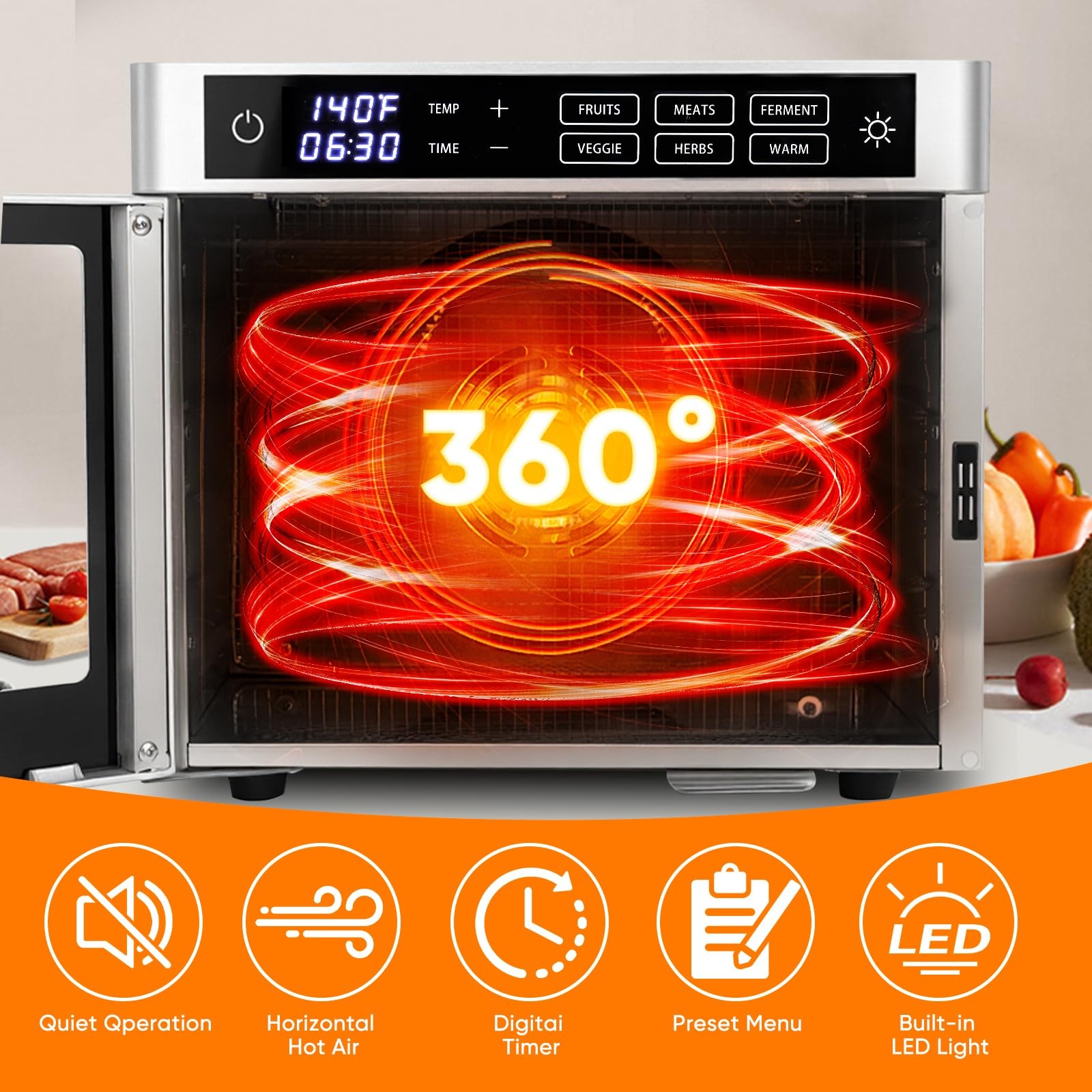 6-Tray Stainless Steel Food Dehydrator, 500W Commercial Meat Jerky Maker with...