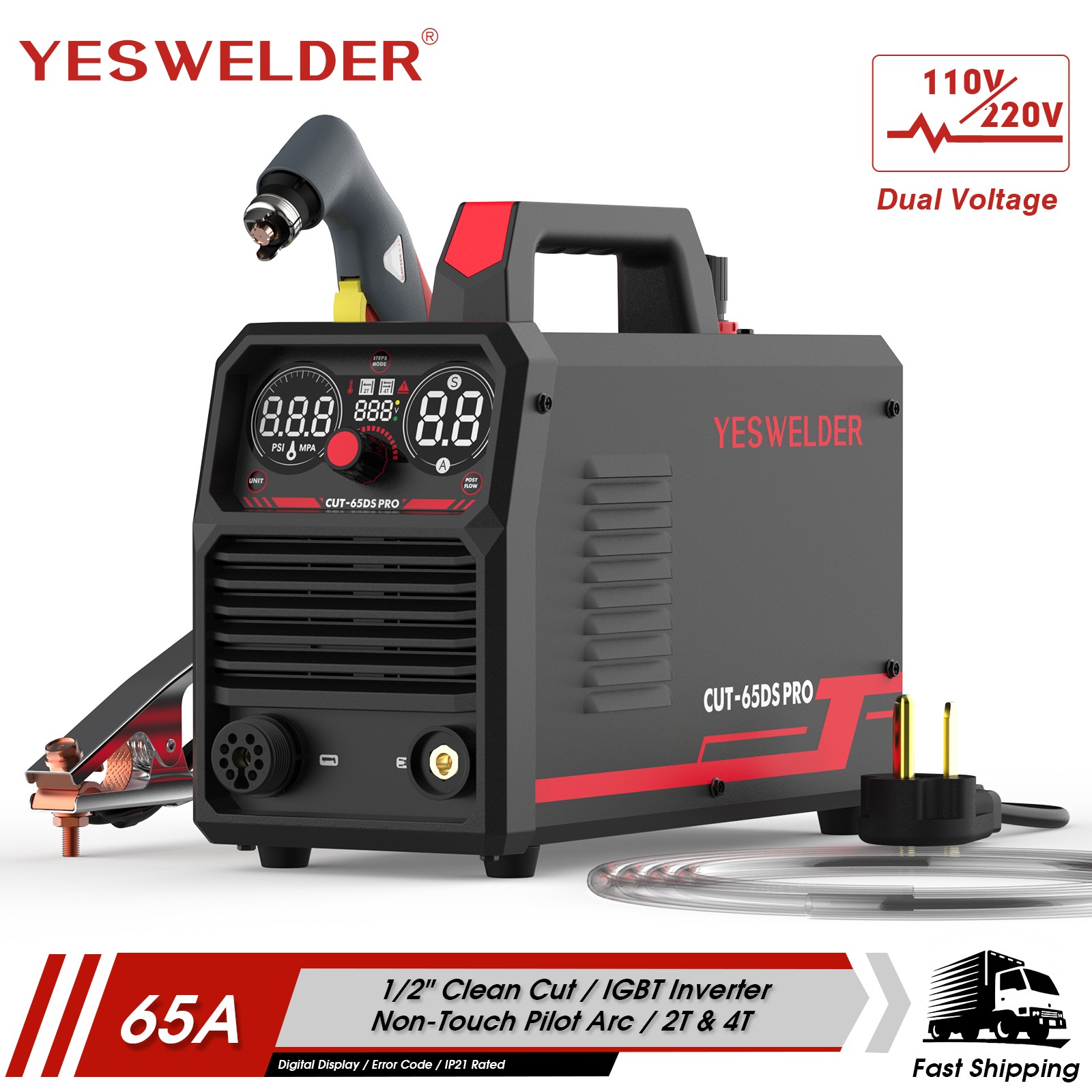 65Amp Plasma Cutter, 110V/220V Dual Voltage, Pilot Arc Digital Display Cutter