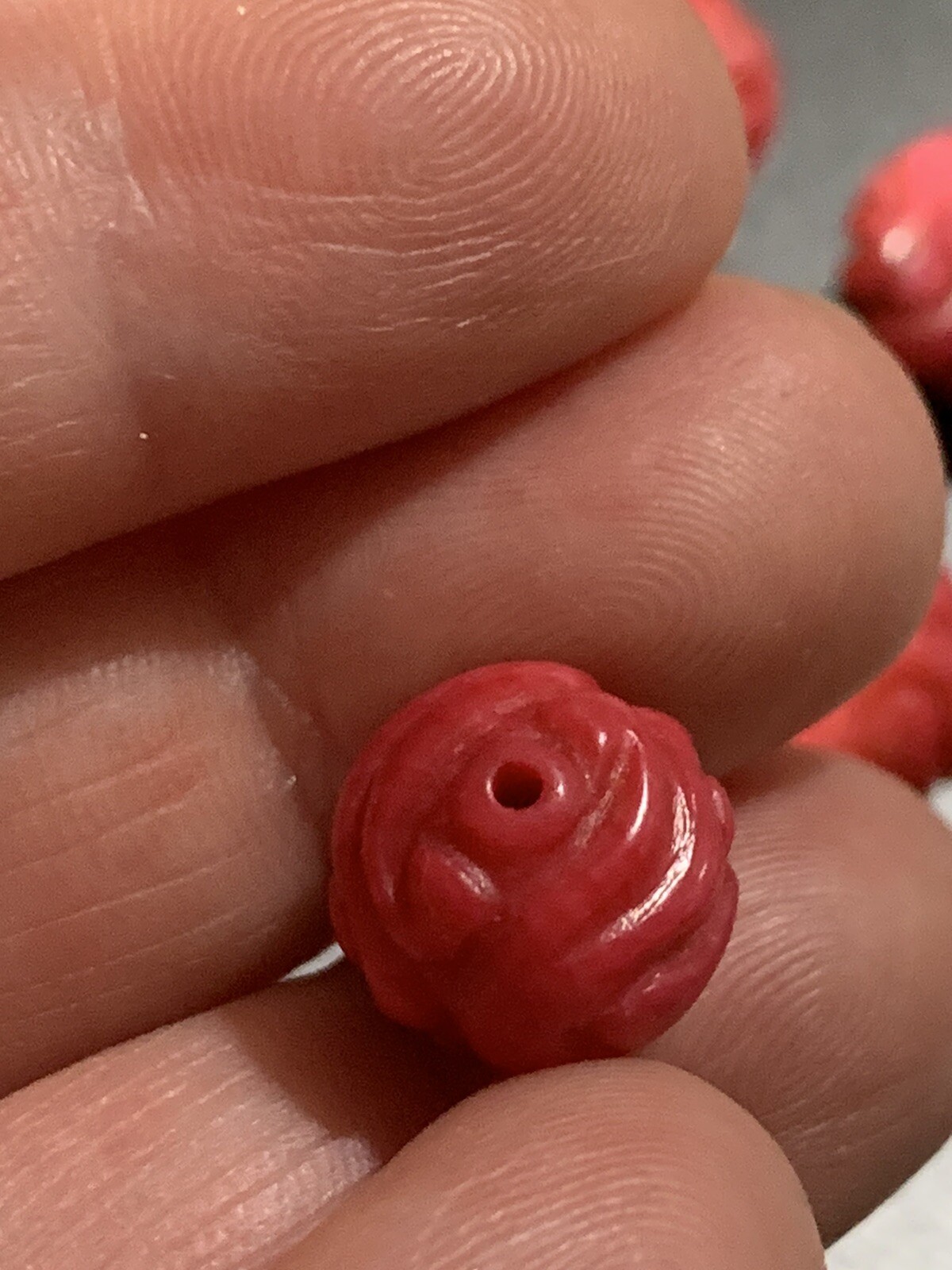 ONE Vintage Carved Chinese Bead Natural Coral Curling Dragon Round 10mm - 11mm