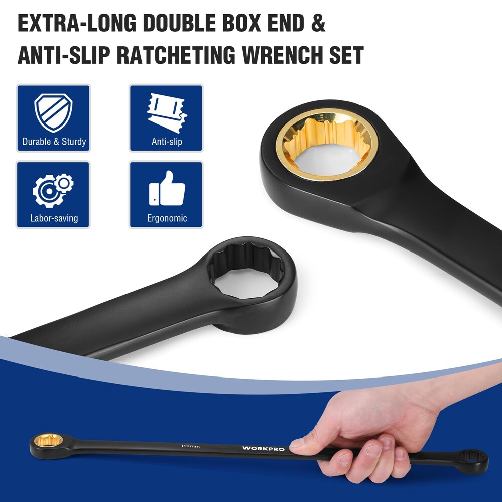 WORKPRO 10PC Extra Long Ratcheting Wrench Set 8-19mm Combination Metric 72-Teeth